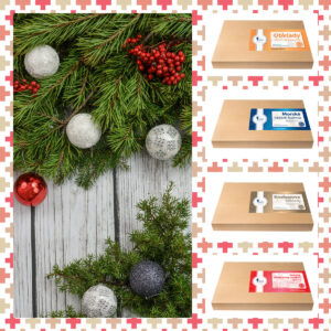 Vianočná krabička naplnená liečivými obkladmi a sviatočný vianočný stromček vytvára útulnú atmosféru domova.