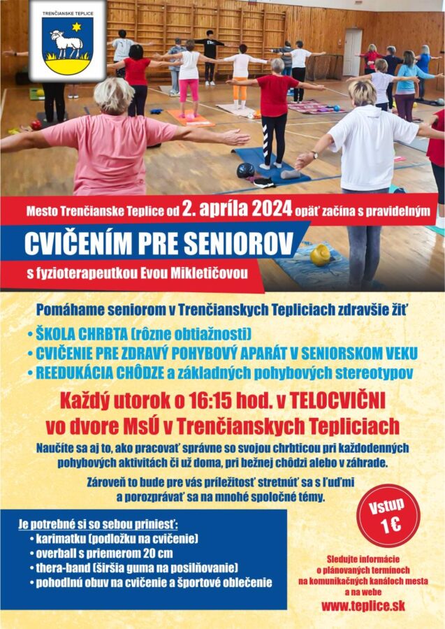 Plagát k cvičebnému programu pre seniorov od 2. apríla 2024 s ponukou rôznych pohybových aktivít a technologických lekcií v telocvični školy v Apríli v Trenčiansku.